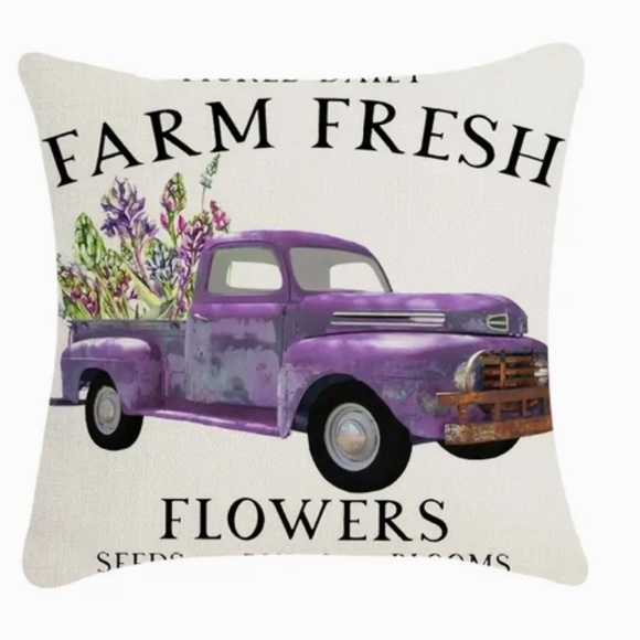 NEW SPRING/EASTER FARM FRESH FLOWERS PURPLE VTG TRUCK LINEN PILLOW COVER 17.7" - Picture 1 of 6